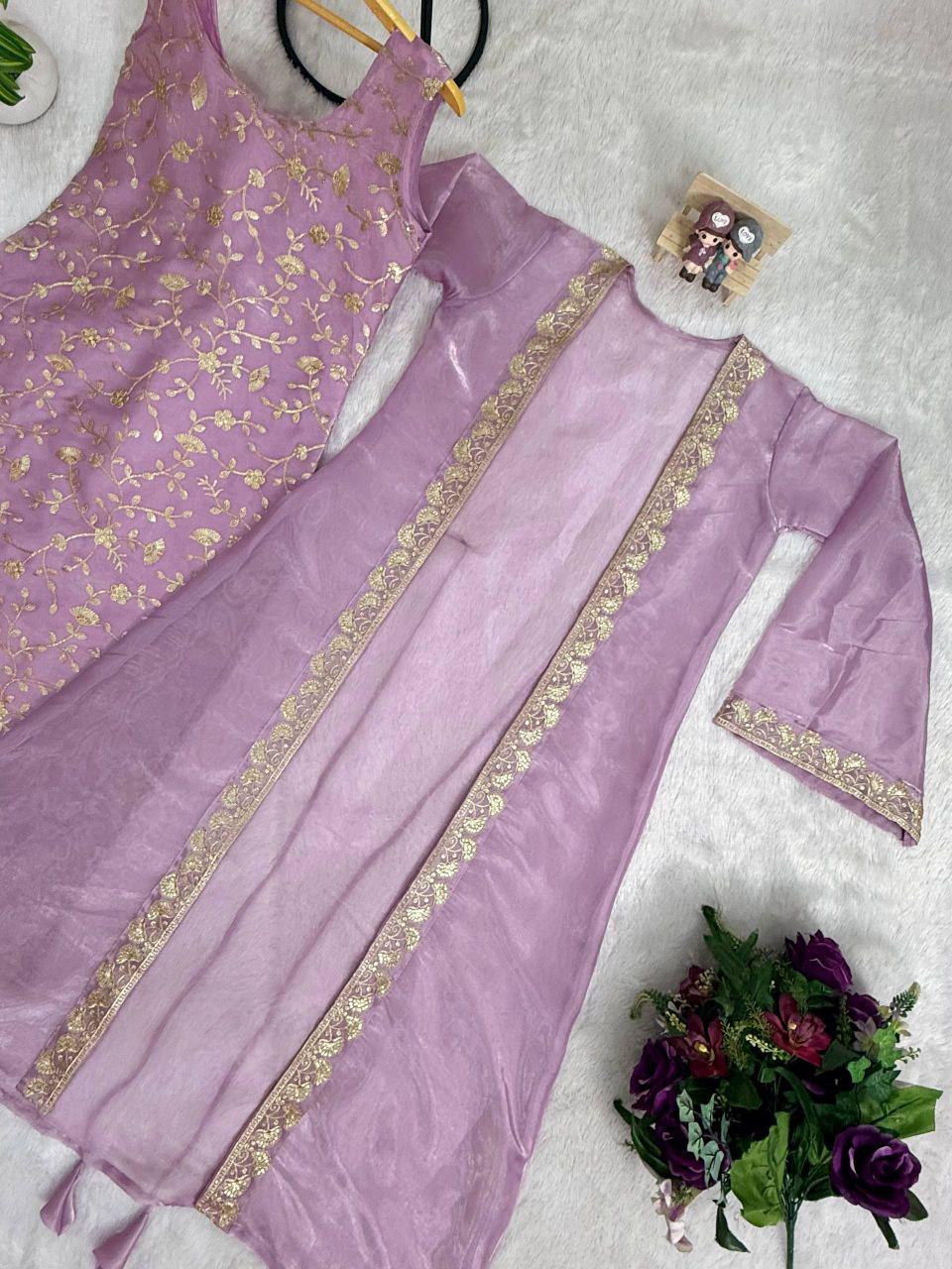 Embroidered Jimmy Silk Kurti Palazzo Set with Long Koti Jacket, Festive Indian Outfit