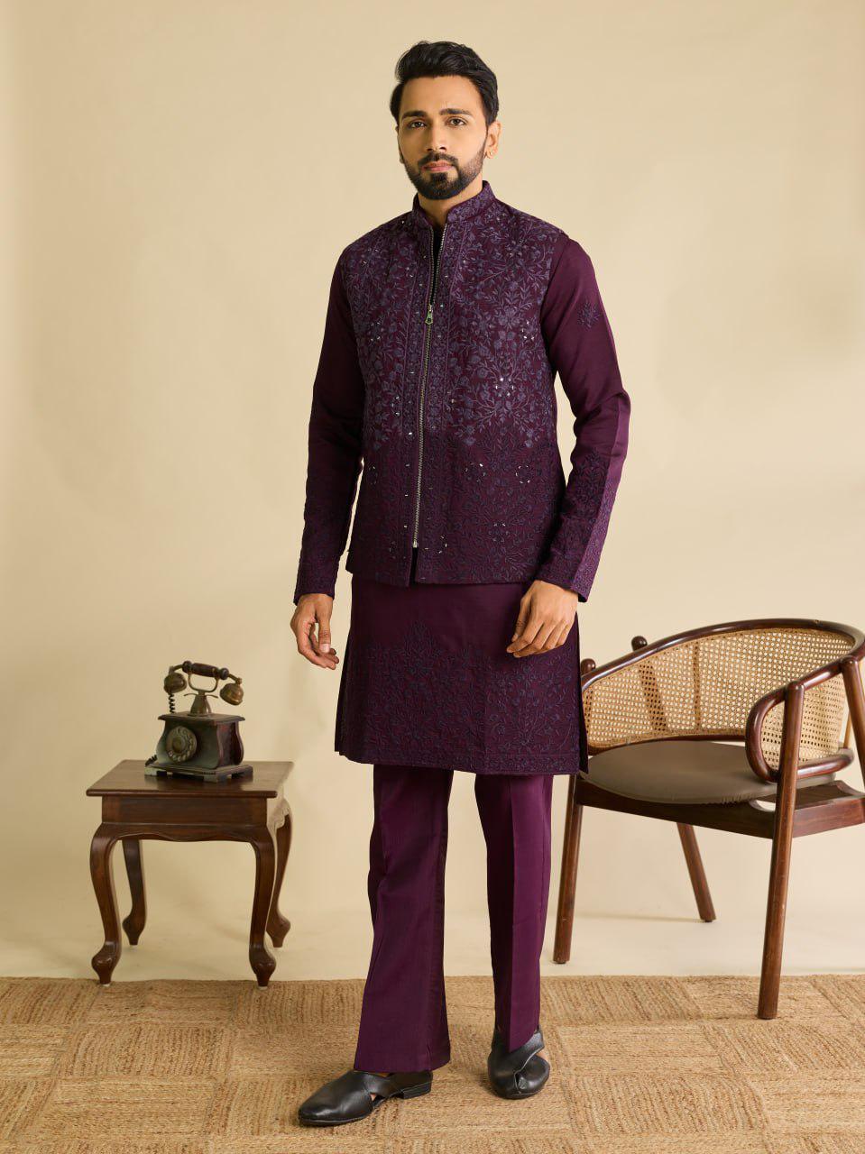 Art Silk Kurta Koti Set | Real Mirror Multi Thread Embroidery Wedding Outfit