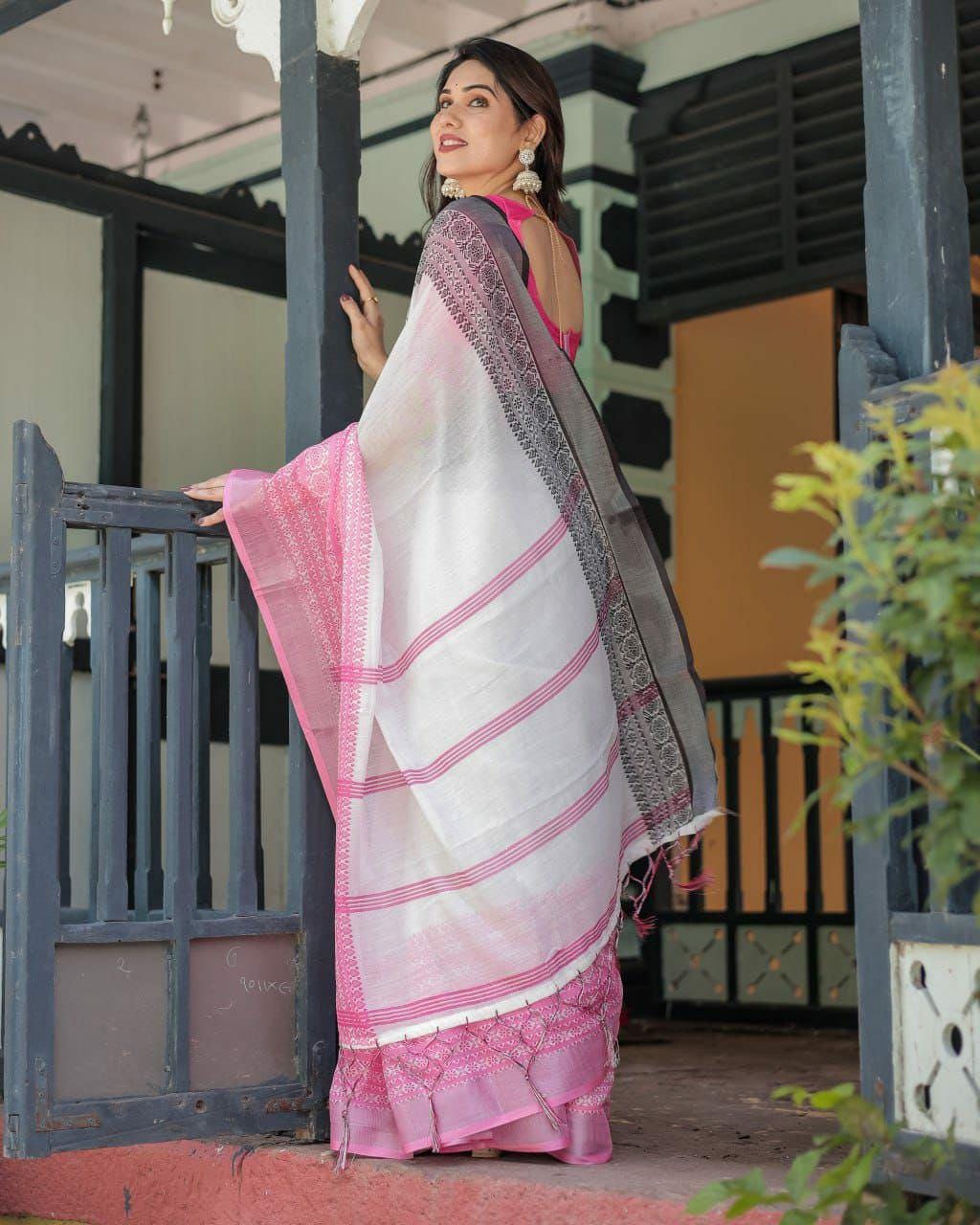 White Linen Cotton Saree, Pink Woven Border, Traditional Festive Wear, Designer Blouse Piece