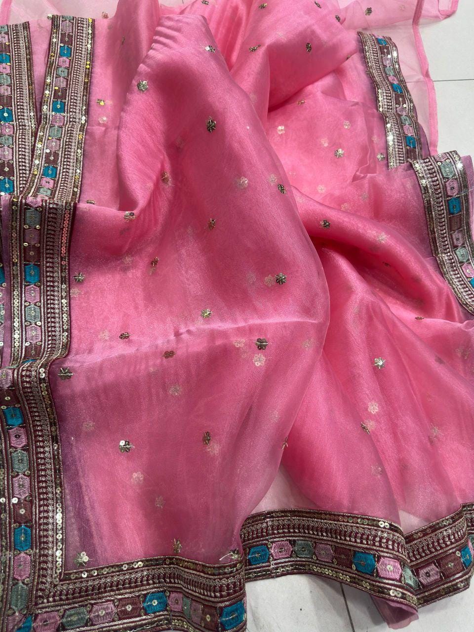 Organza Silk Saree with Embroidery Work & Lace Border | Designer Wedding Saree