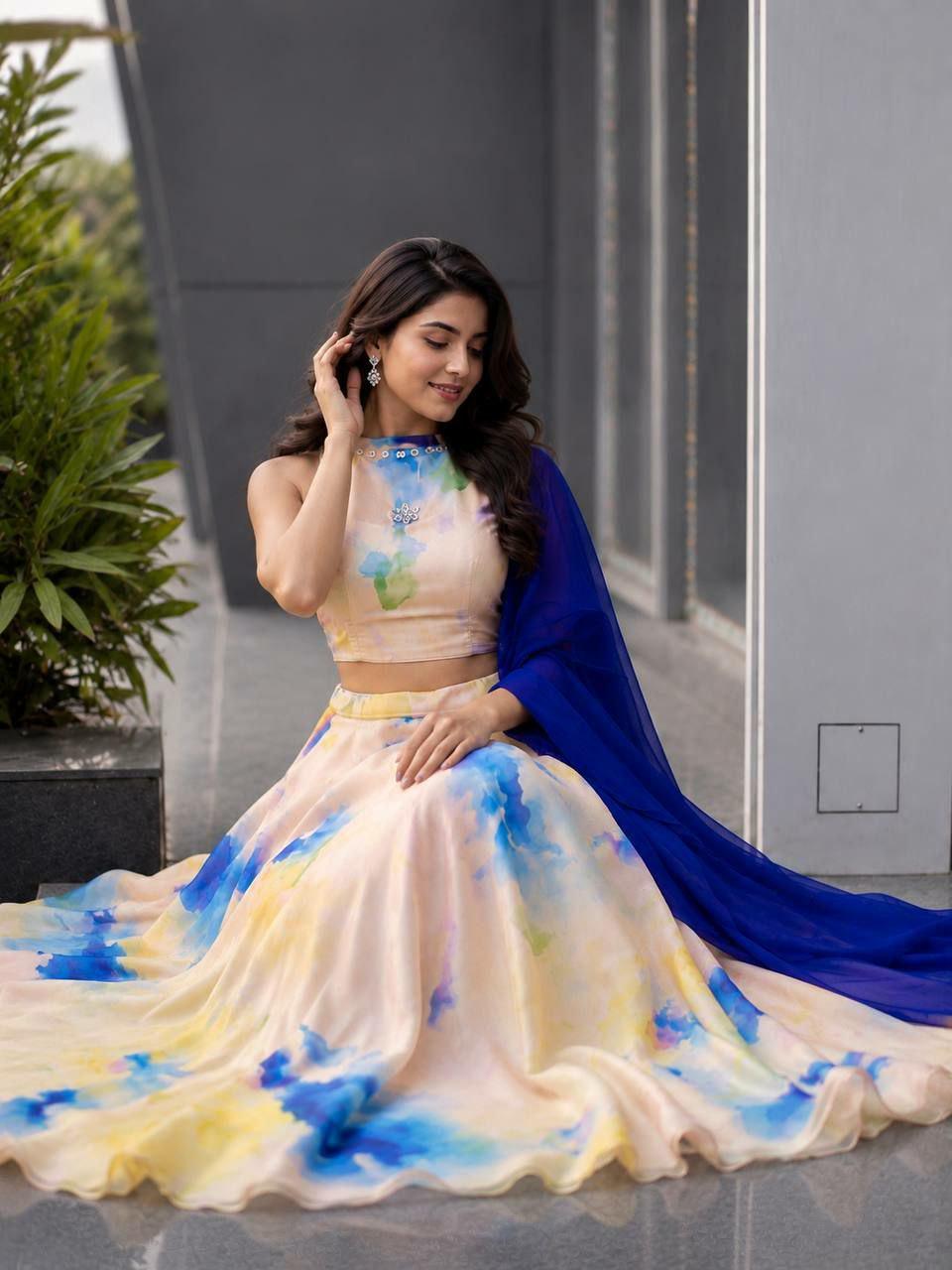 Printed Jimmy Organza Lehenga Choli Set | 8 Meter Flare Digital Print, Stone Work, Georgette Dupatta
