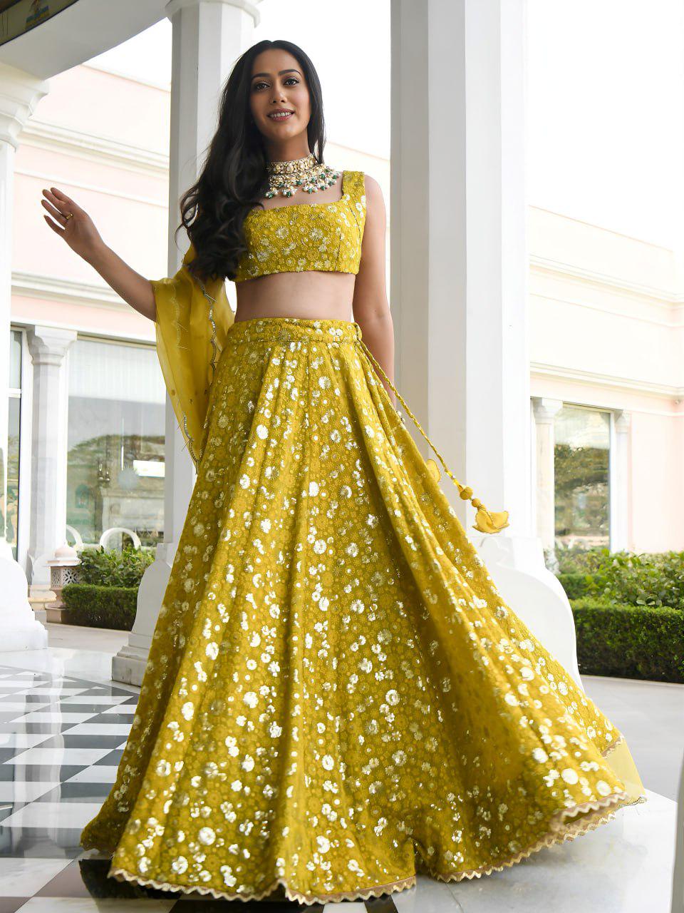 Olive Mustard Georgette Lehenga Choli | Sequins Embroidered Wedding Outfit (Semi-Stitched)