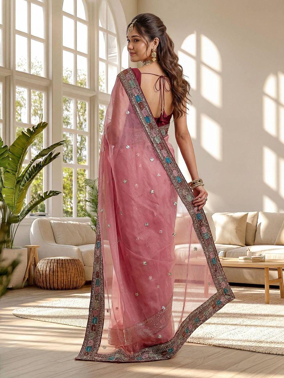 Organza Silk Saree with Embroidery Work & Lace Border | Designer Wedding Saree