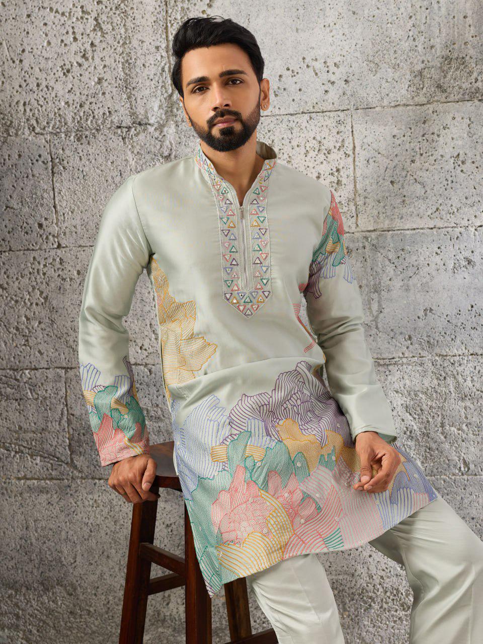 Men's Silk Kurta Pant Set | Thread Sequin Embroidery Festive Outfit