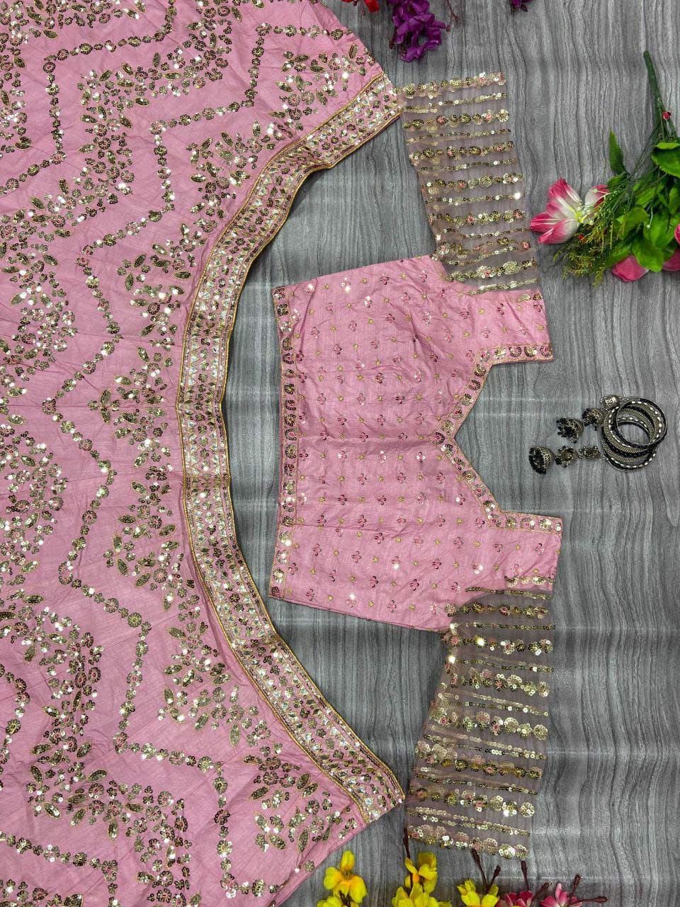 Chinon Silk Lehenga Choli, Multi Thread Sequins Work, Wedding Bridal Party Wear Net Dupatta