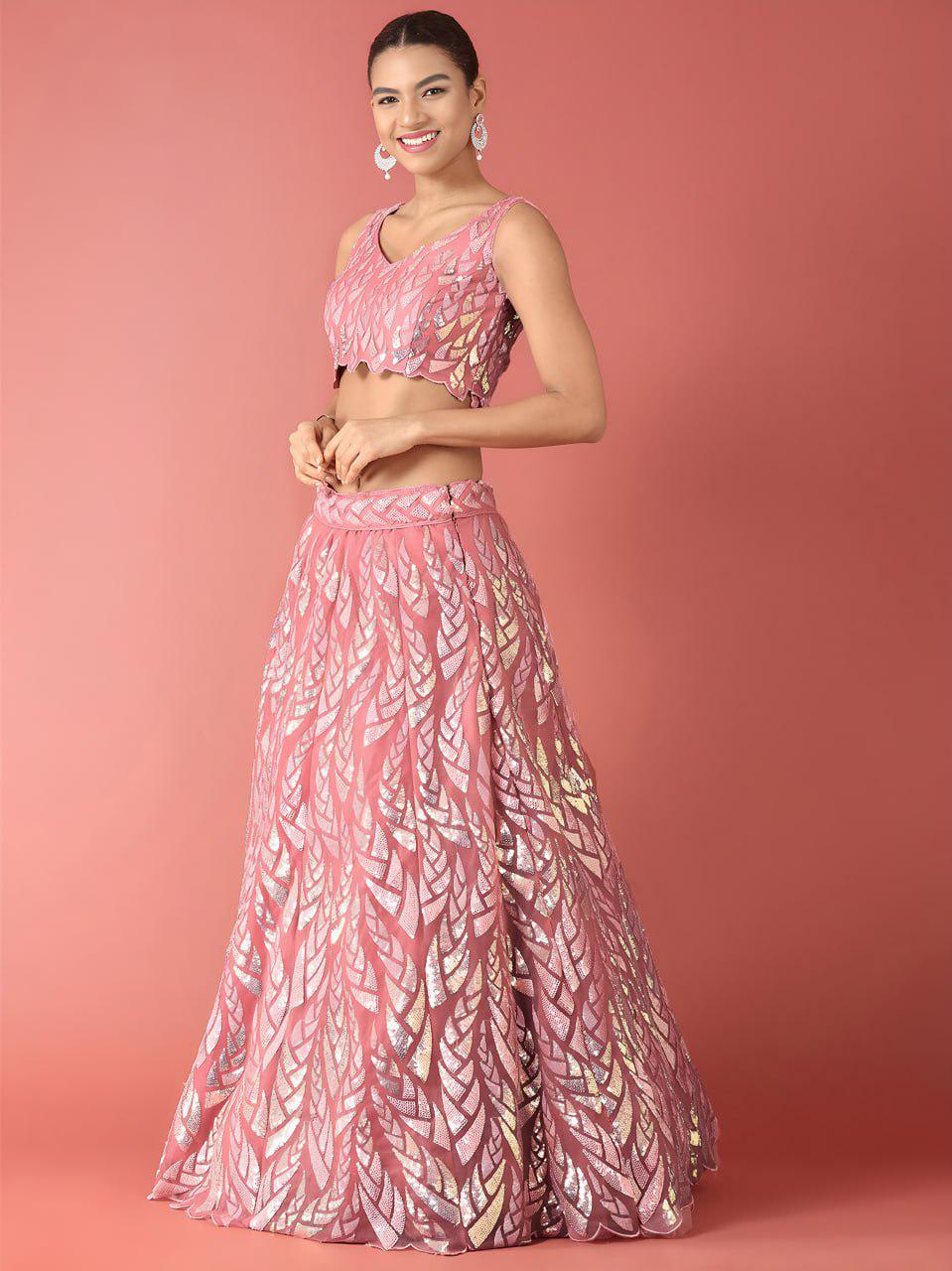Light Pink Soft Net Lehenga Choli Set, Sequins Embroidery, Semi-Stitched Bridal Wear