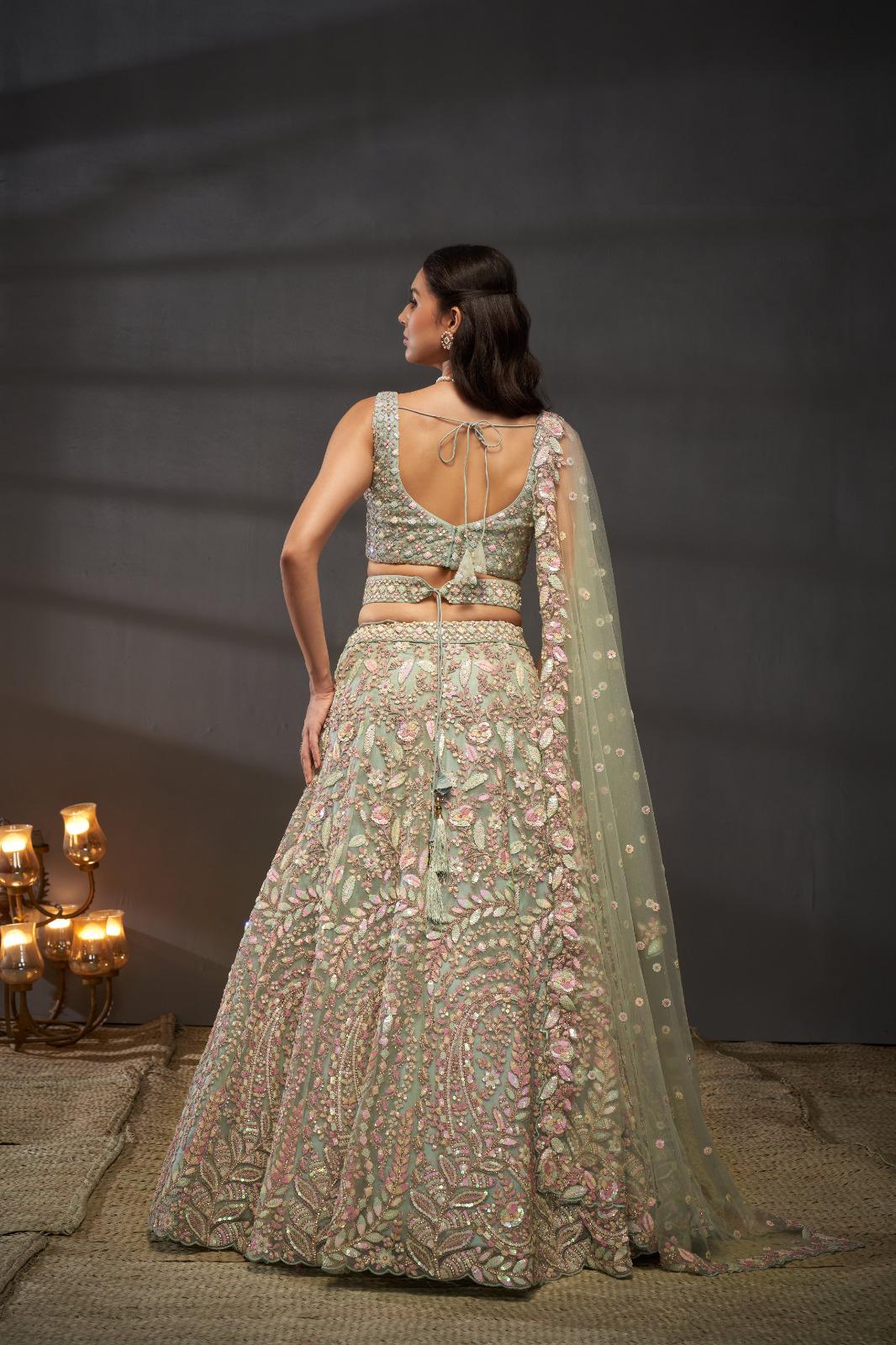 Cream Net Lehenga Choli Set | Multicolor Sequins Zarkan Embroidery, Bridal Wear