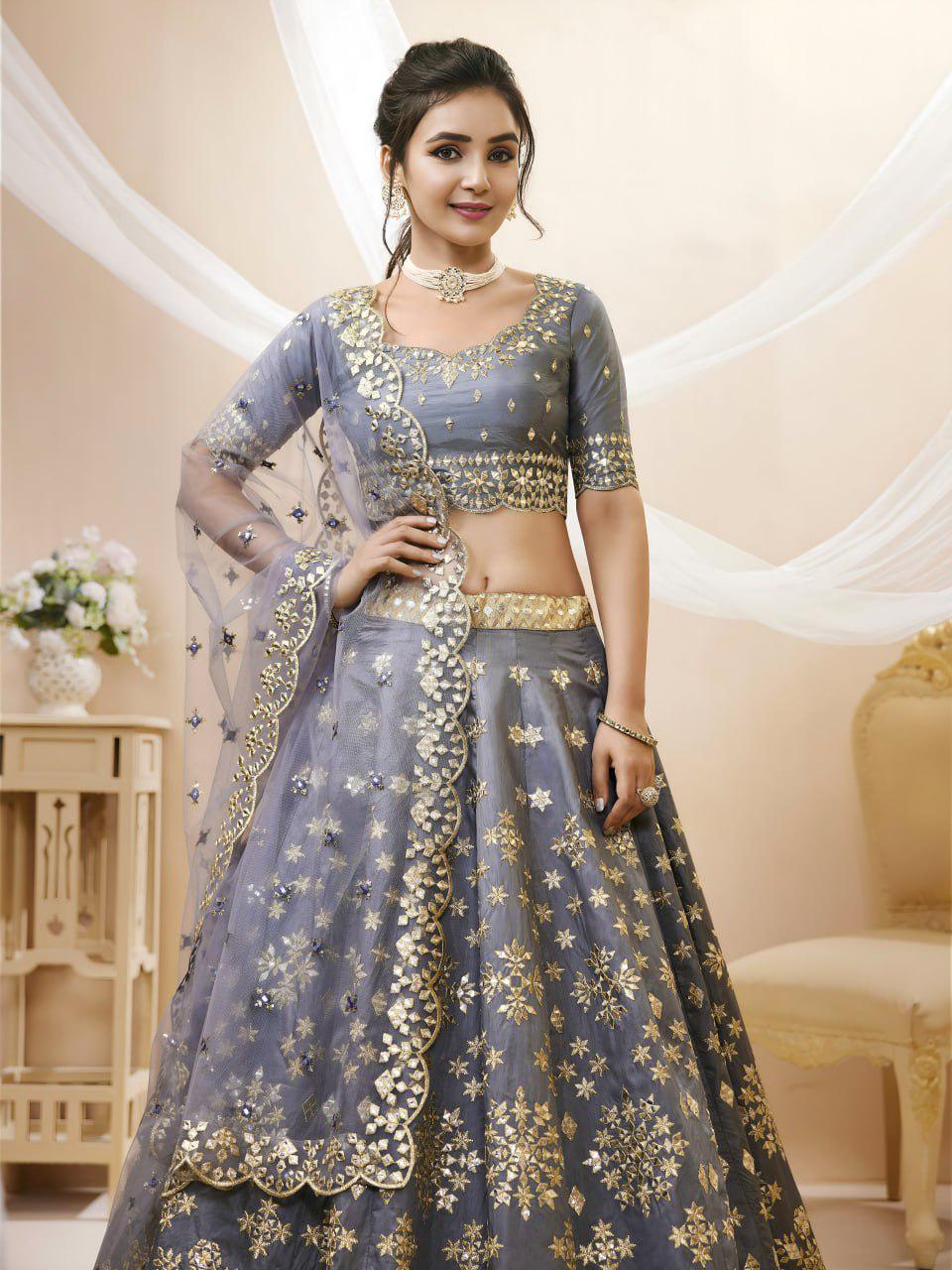 Grey Art Silk Lehenga Choli Set, Foil Zari Sequins Embroidery, Semi-Stitched Wedding Outfit