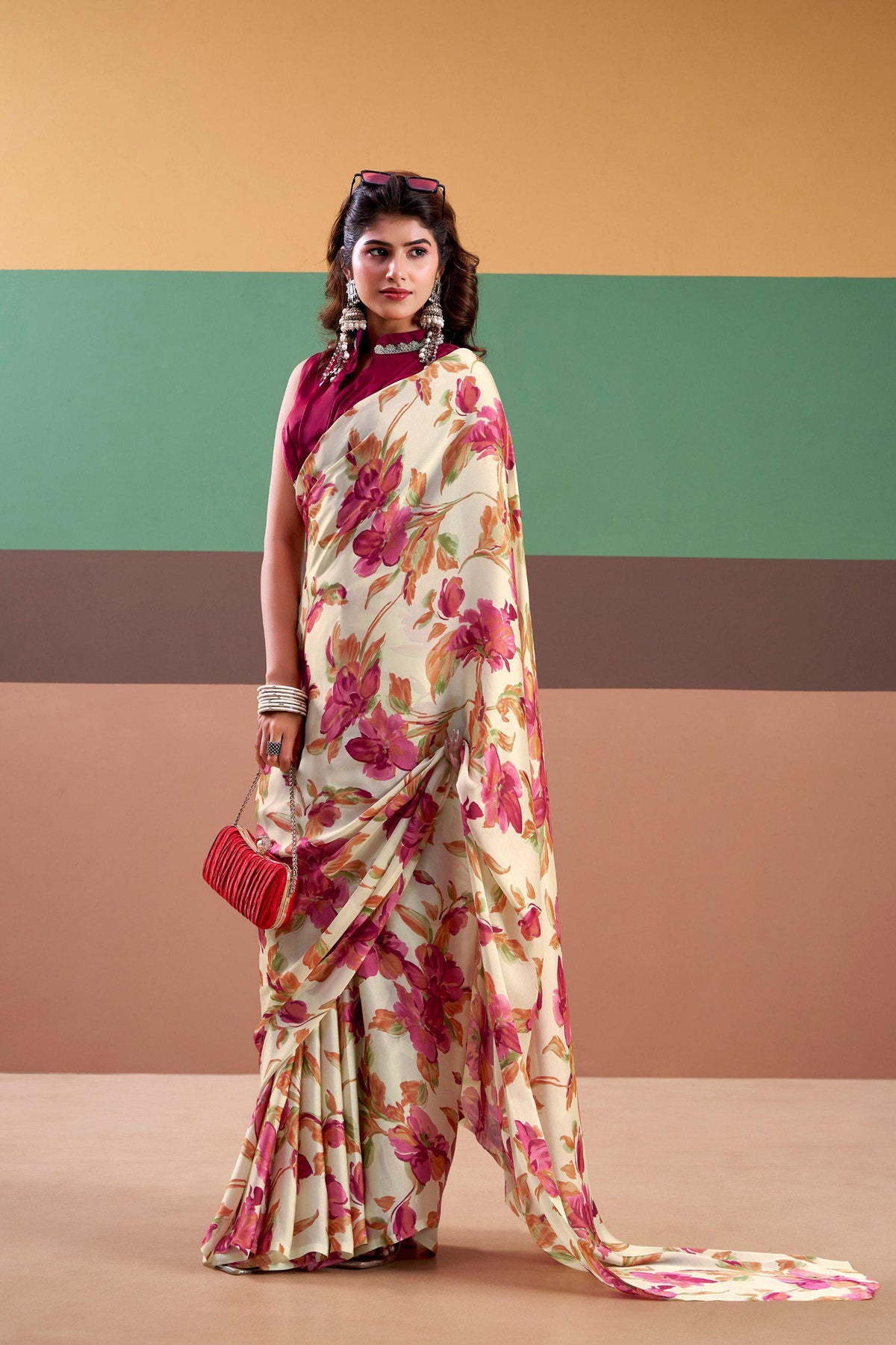 Satin Silk Floral Saree with Stitched Natural Silk Blouse, Indian Festive Party Wear