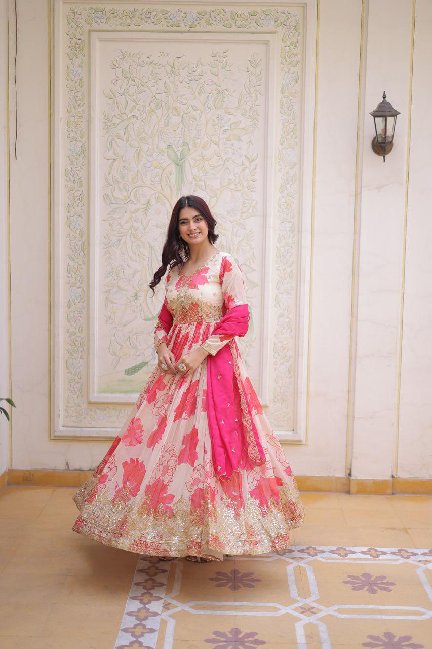 Russian Silk Anarkali Gown, Digital Print, Zari Sequins Embroidery, Flared Ethnic Dress