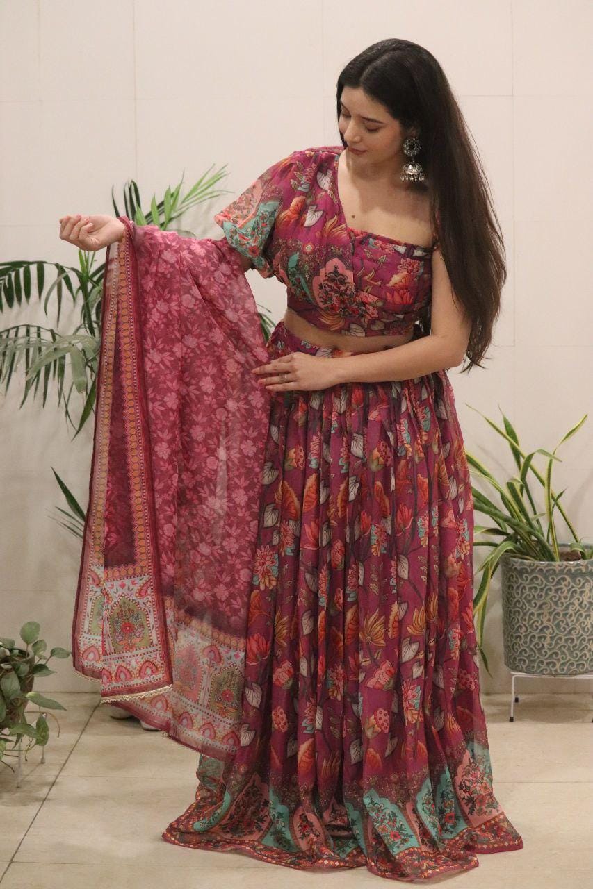 Wine Floral Print Organza Silk Lehenga Choli Set | Padded Blouse, Dupatta