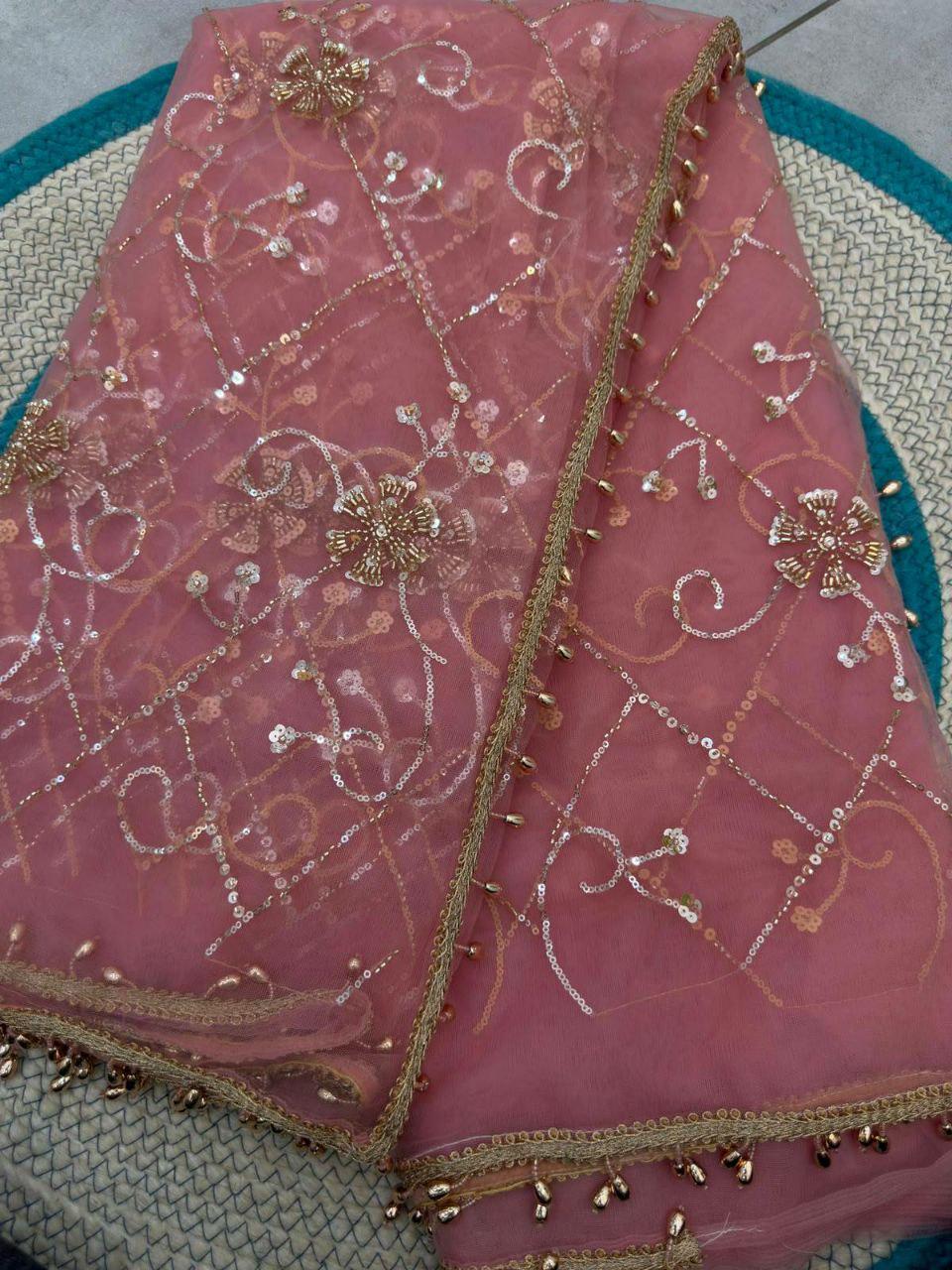 Designer Net Saree | Beads, Pearls, Sequins Embroidery | Party Wedding Wear (Unstitched Blouse)