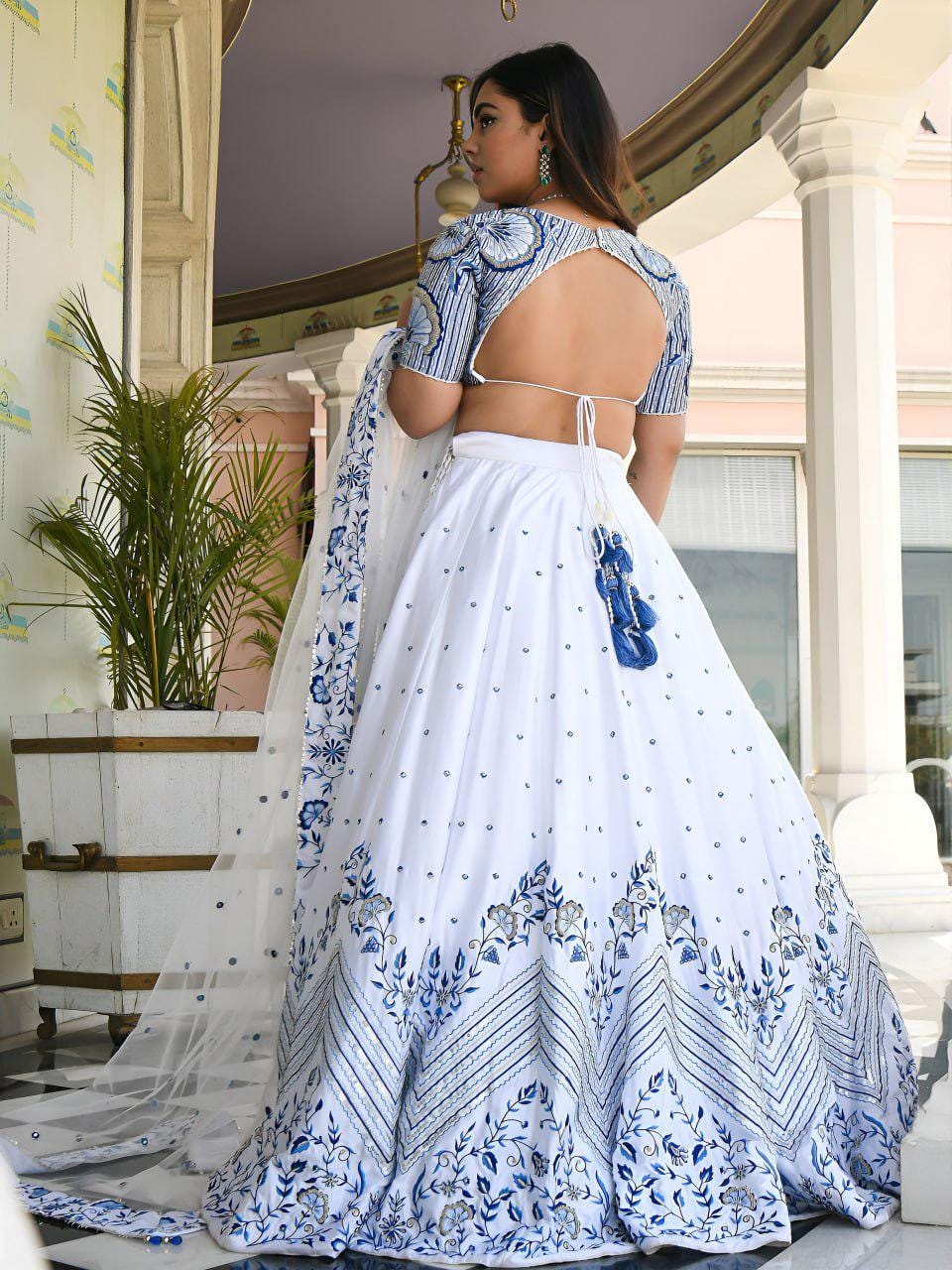 White Satin Lehenga Choli Set | Blue Floral Embroidery, Zari, Sequins, Net Dupatta