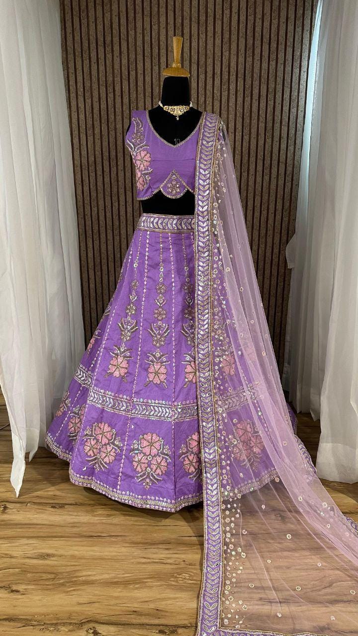 Slub Silk Lehenga Choli, Rainbow Sequins, Dori Embroidery, Net Dupatta, Wedding Wear