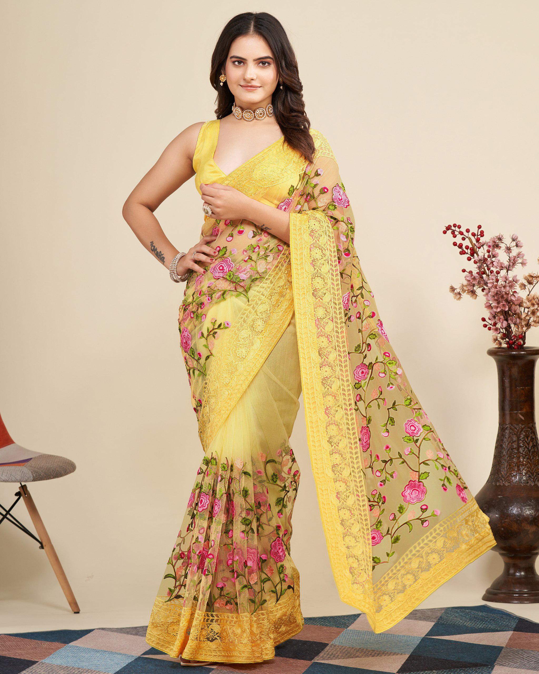 Soft Net Saree with Chikankari Embroidery, Wedding Festive Party Wear (Unstitched Blouse)