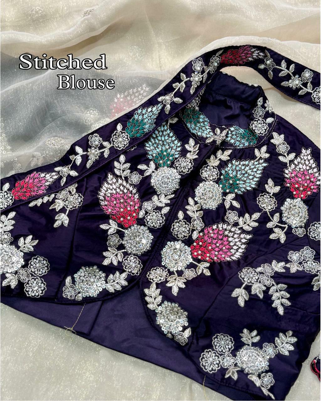 Wine Satin Saree with Sequins, Pearl Work Stitched Blouse, Party Wear Indian Sari