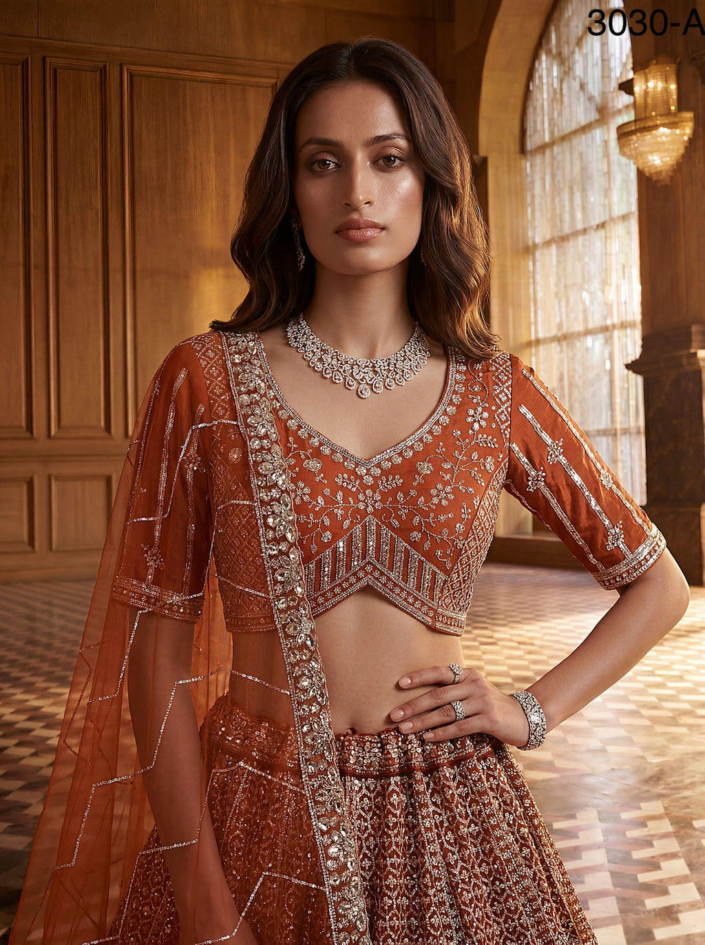 Designer Bridal Net Lehenga Choli, Crystal Sequin Motif Work, Wedding Wear Set