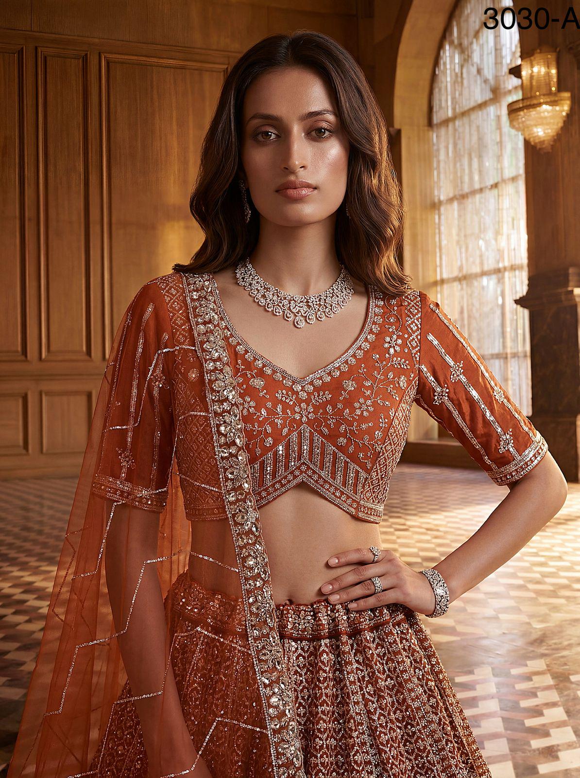 Designer Bridal Net Lehenga Choli, Crystal Sequin Motif Work, Wedding Wear Set
