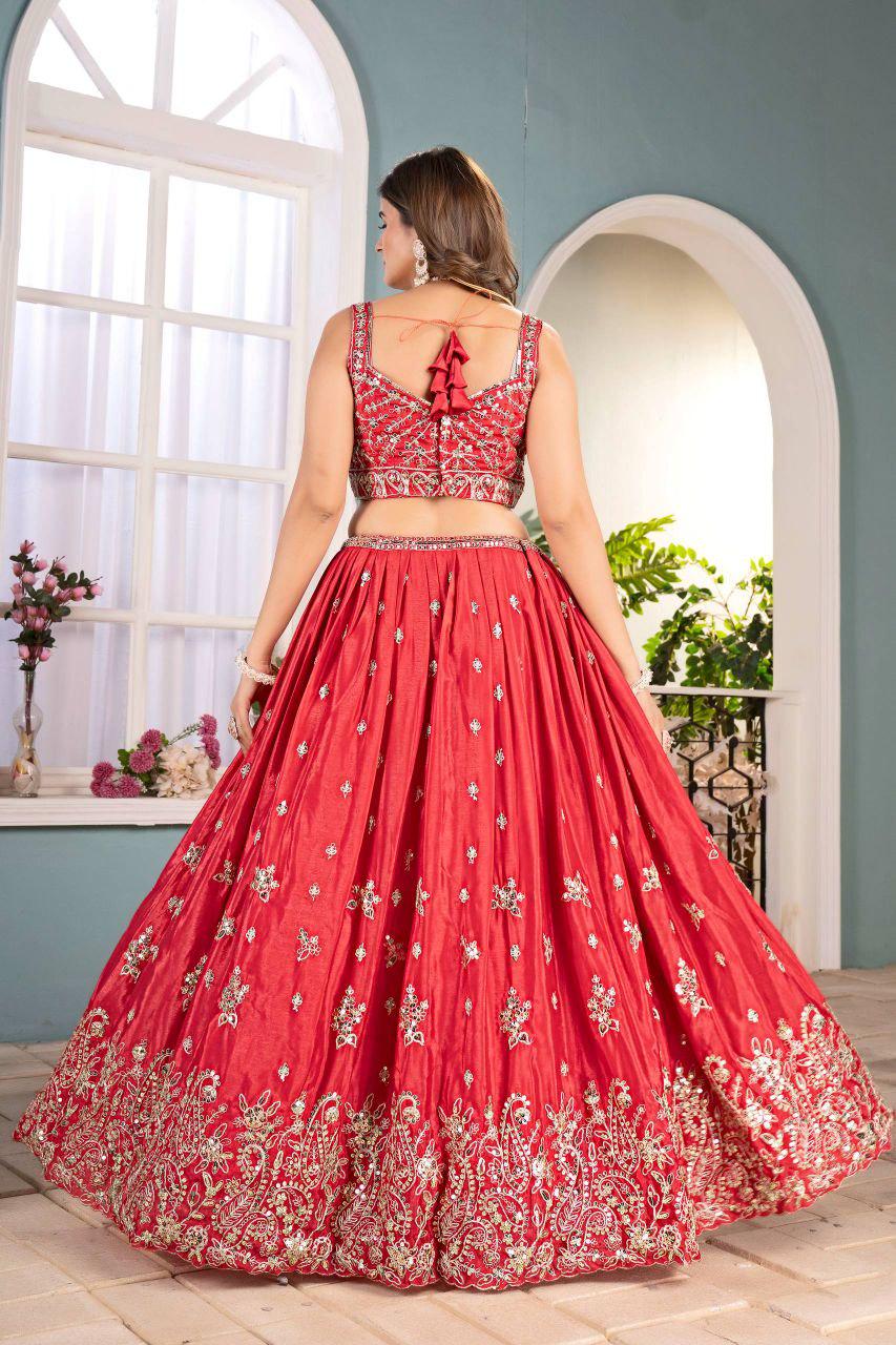 Chinon Lehenga Choli | Sequins, Coding Embroidery, 3.5M Flair Bridal Set