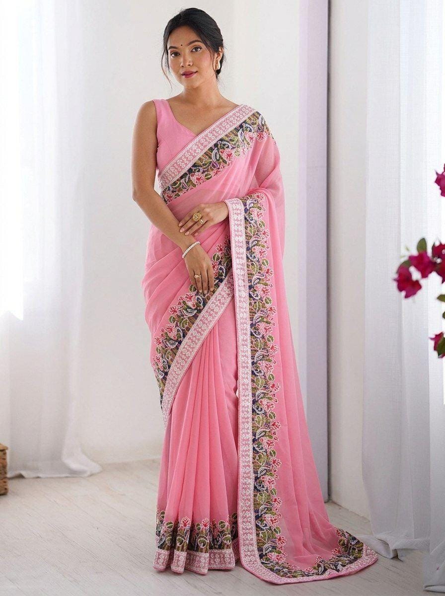 Soft Georgette Saree with Embroidery Lace Cutwork Border, Party Wear, Mono Banglory Silk Blouse