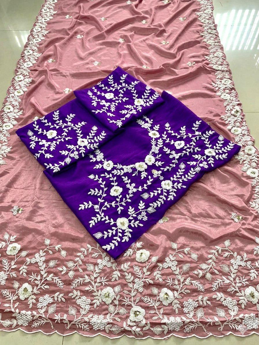 Pure Chinon Silk Saree | Cutwork Border, Heavy Embroidery Blouse Piece