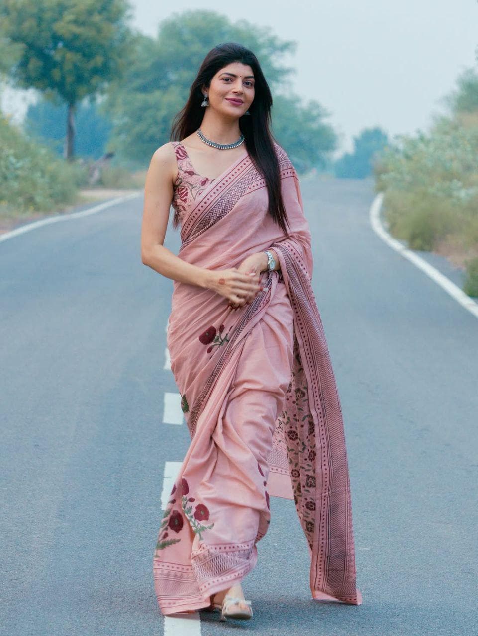 Dusty Rose Pink Floral Linen Cotton Saree