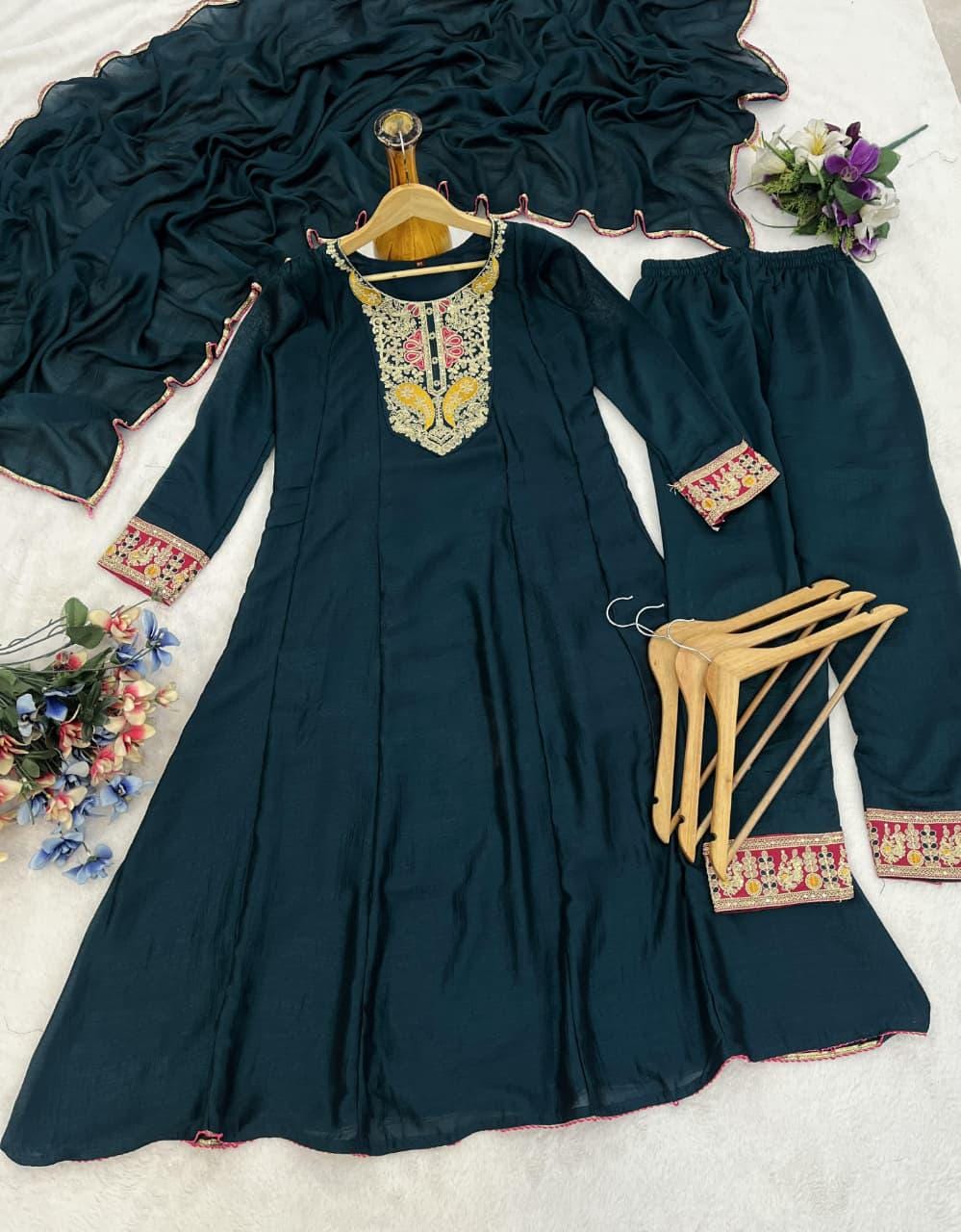 Embroidered Vichitra Silk Kurta Set with Dupatta, Festive Ethnic Party Wear Indian Outfit