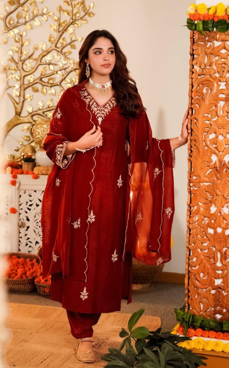 Vichitra Silk Embroidered Kurti Pant Set with Dupatta, Festive Ethnic Wear (M-3XL)