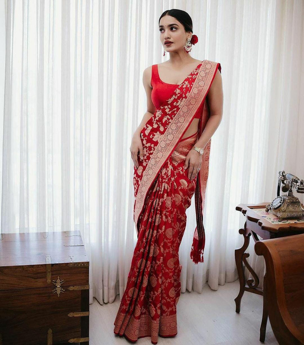 Banarasi Soft Silk Saree with Jacquard Border Blouse, Elegant Traditional Festive Wear