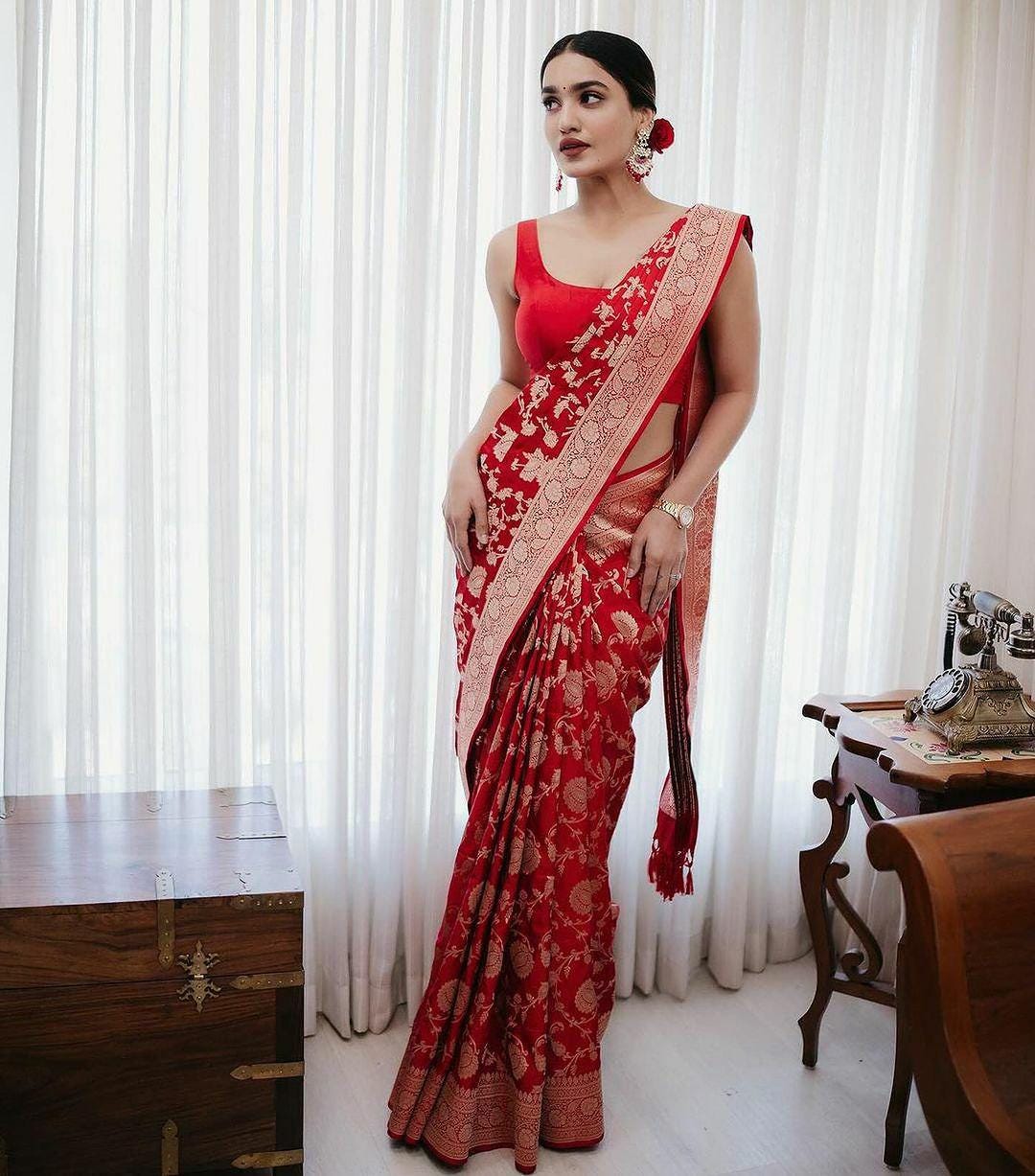 Banarasi Soft Silk Saree with Jacquard Border Blouse, Elegant Traditional Festive Wear