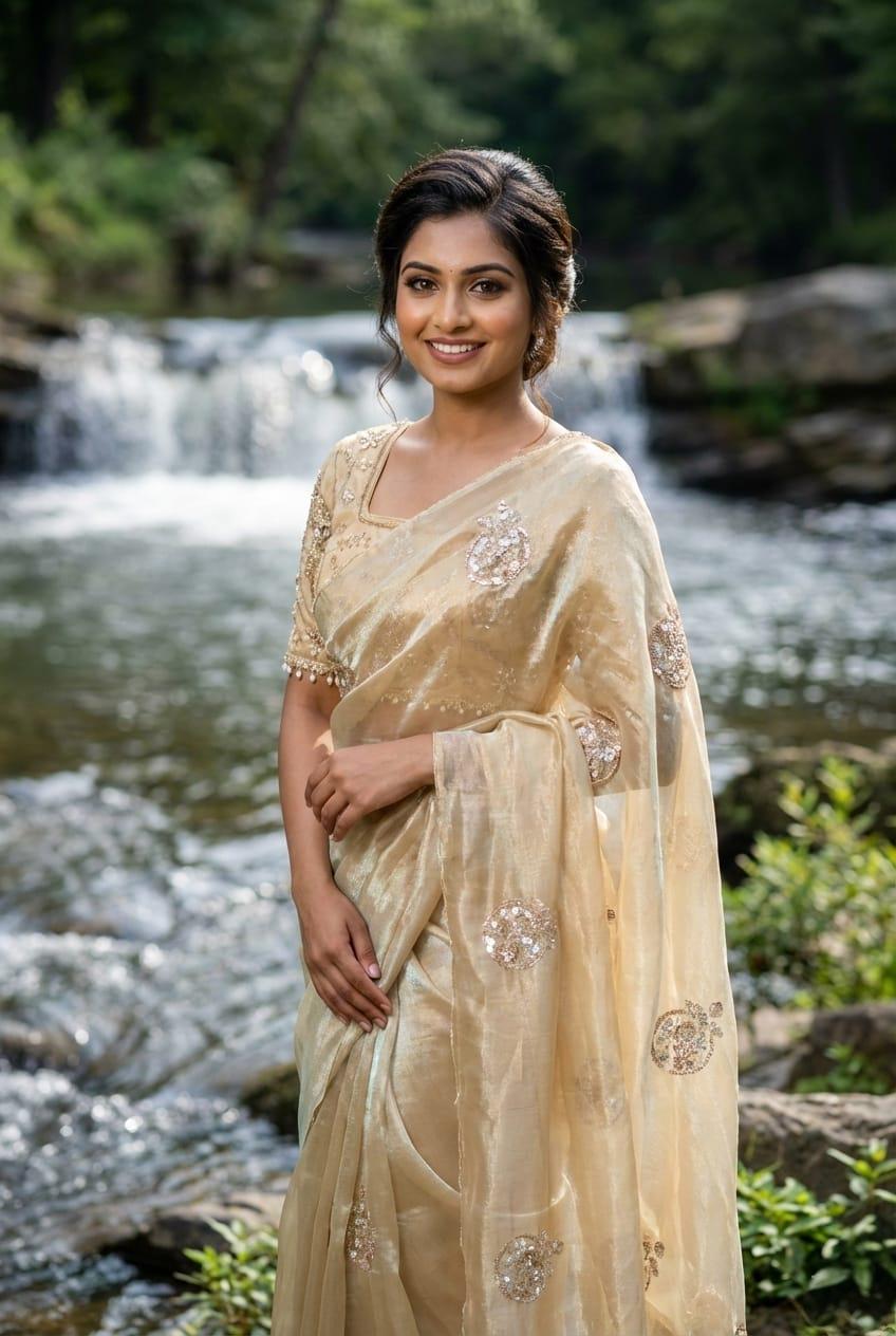 Space Silk Saree with Embroidery Beads Work, Ready-to-Wear, Stitched Blouse, Festive Occasion