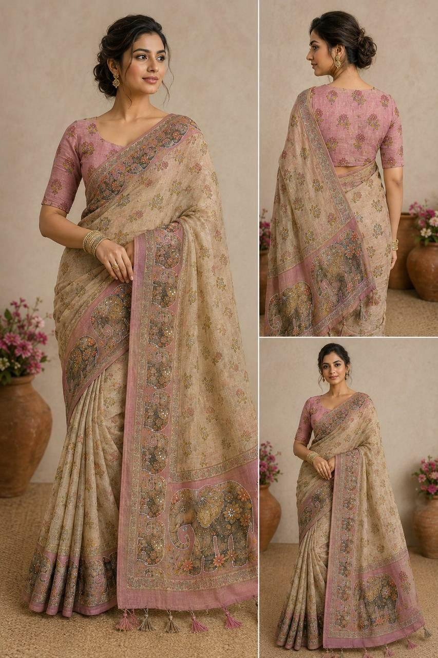 Linen Cotton Silk Saree | Digital Print, Khatli Kut Dana Handwork, Stone Embellished Designer Wear