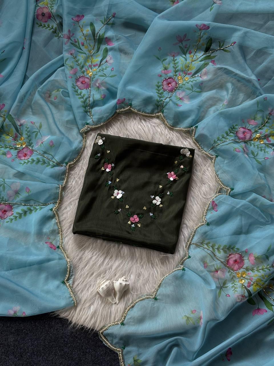 Floral Print Tabi Saree with Cut Dana Handwork, Chinon Blouse, Summer Party Wear