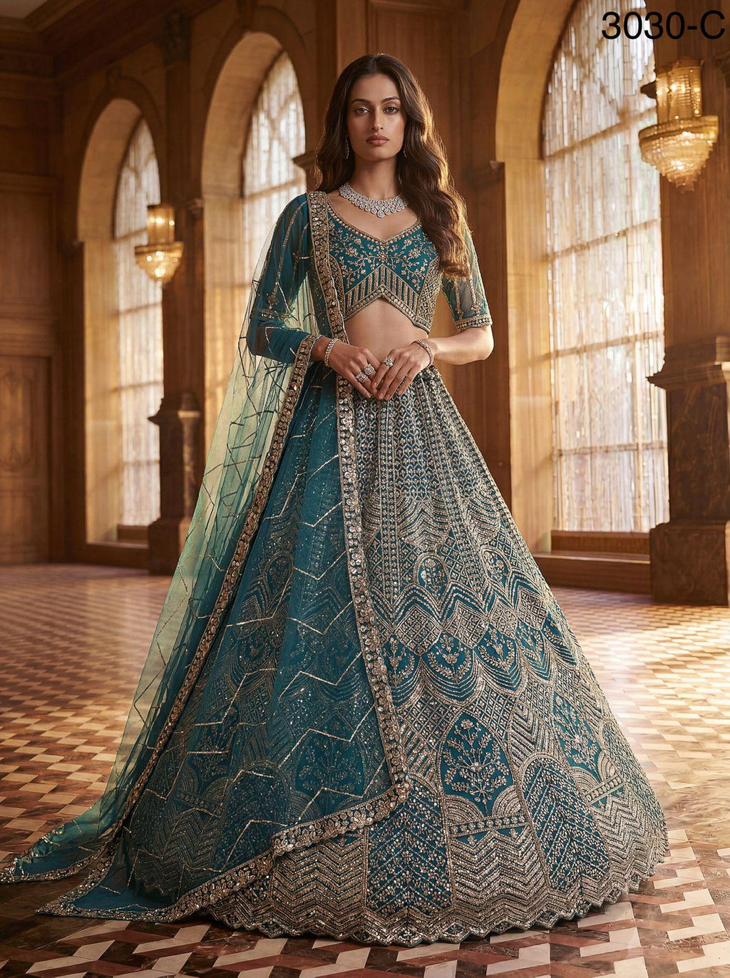 Designer Bridal Net Lehenga Choli, Crystal Sequin Motif Work, Wedding Wear Set