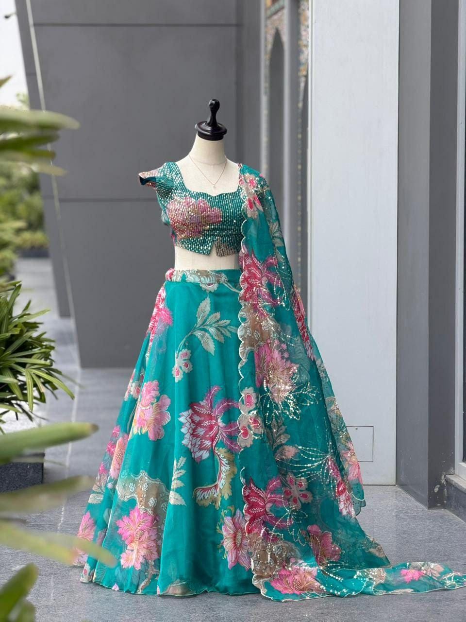 Pure Organza Digital Print Lehenga Choli Set | 8 Meter Flare, Sequins, Batwa Bag