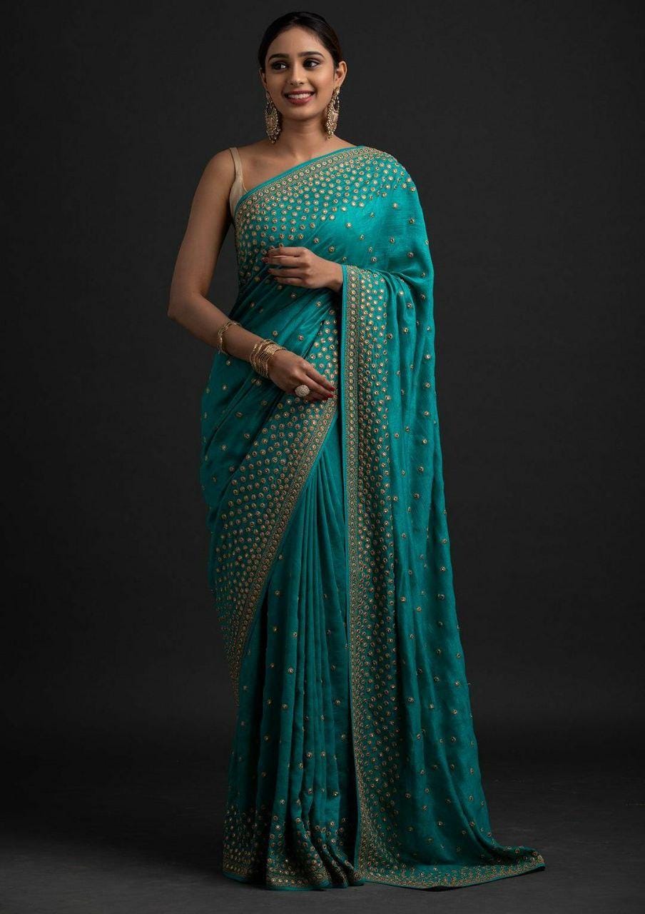 Two-Tone Vichitra Silk Saree | Gota Paper Embroidery, Mono Silk Blouse, Festive Wear
