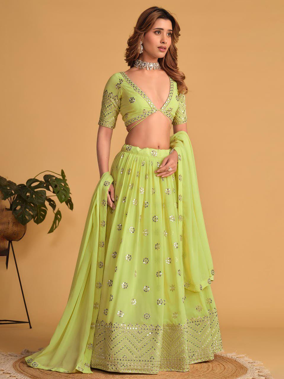 Lime Green Georgette Lehenga Choli Set | Zari Sequins Embroidered Festive Outfit