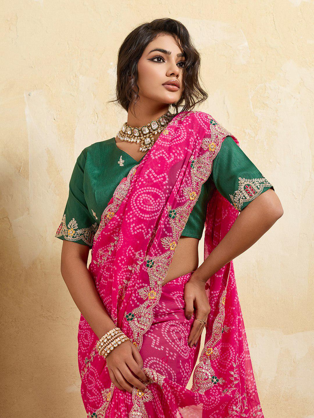 Georgette Bandhej Print Saree | Embroidered Cutwork Border, Silk Blouse Piece