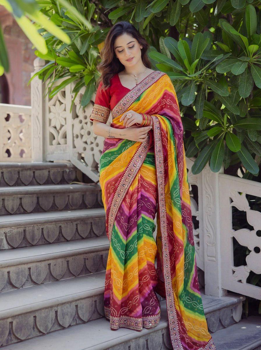 Soft Georgette Digital Print Saree | Embroidered Lace Border, Banglory Silk Blouse