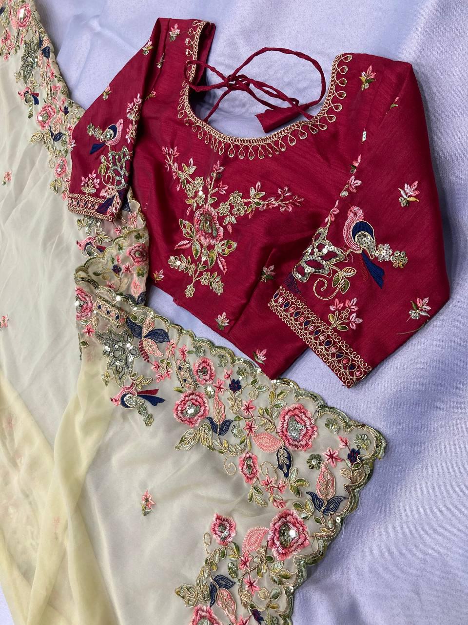 Embroidered Georgette Saree, Cutwork Border, Heavy Blouse, C-Pallu Wedding Wear