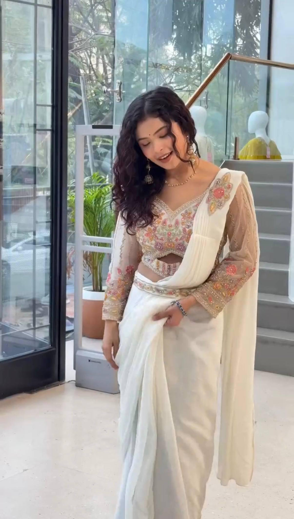 Ready to Wear Faux Georgette Saree with Embroidered Blouse, Hand Work Ethnic Outfit