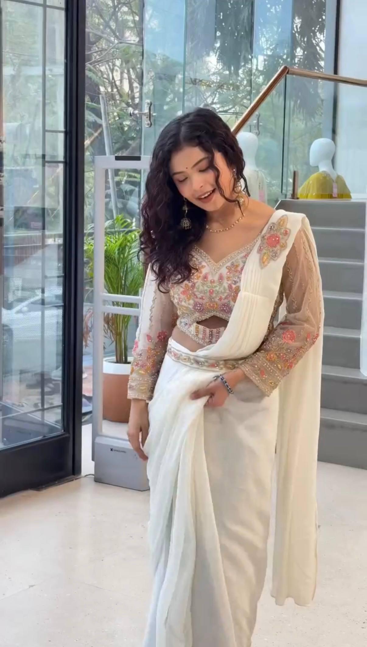 Ready to Wear Faux Georgette Saree with Embroidered Blouse, Hand Work Ethnic Outfit