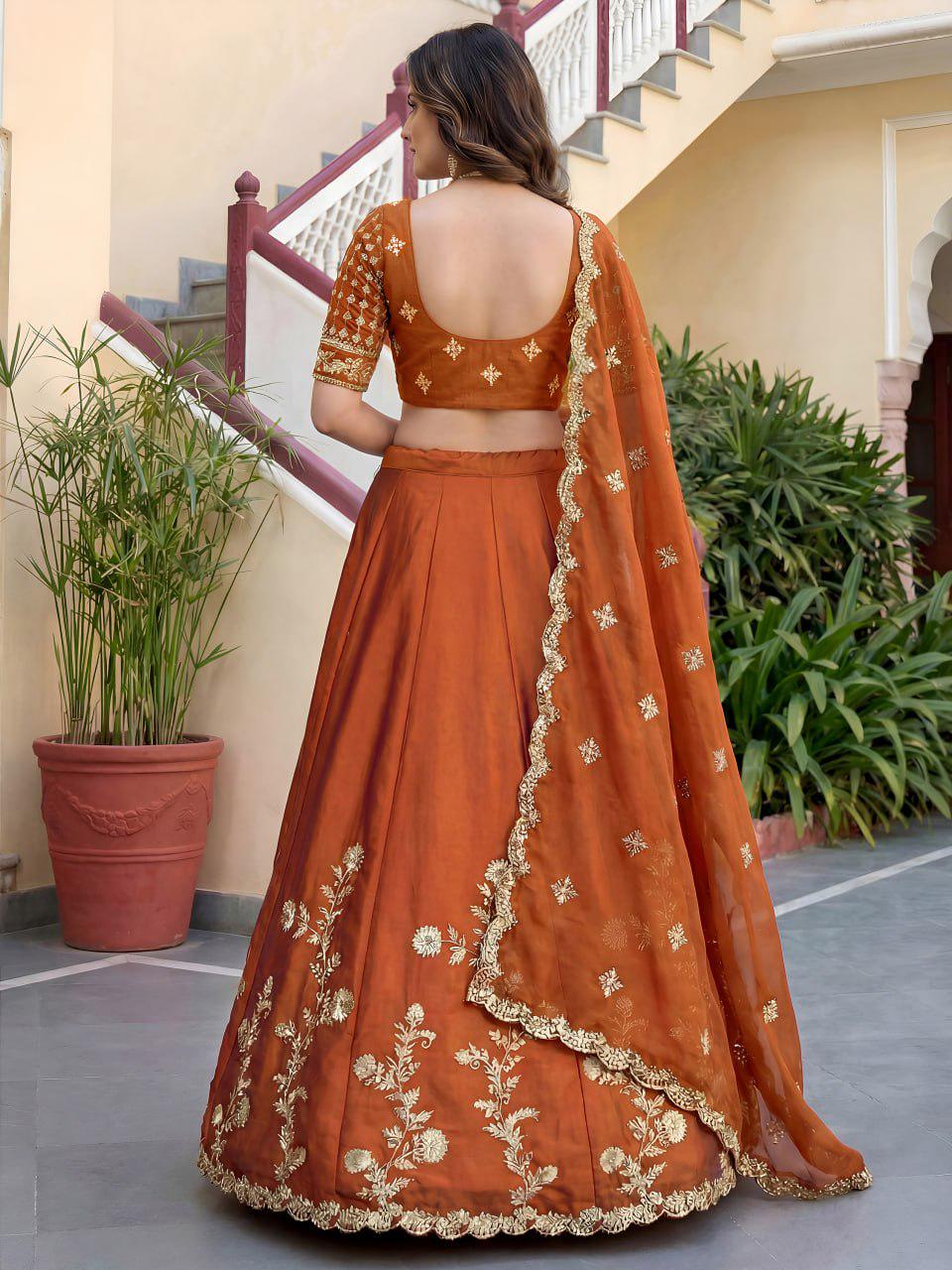 Rust Orange Rangoli Silk Lehenga Choli Set | Zari Dori Sequins Embroidery, Festive Outfit