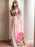 Pink Peacock Print Linen Saree | Soft Cotton Fabric, Unstitched Blouse, Casual Festive Wear