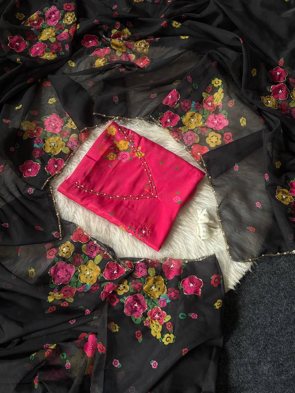 Floral Print Tabi Saree with Cut Dana Handwork, Summer Party Wear Chinon Blouse