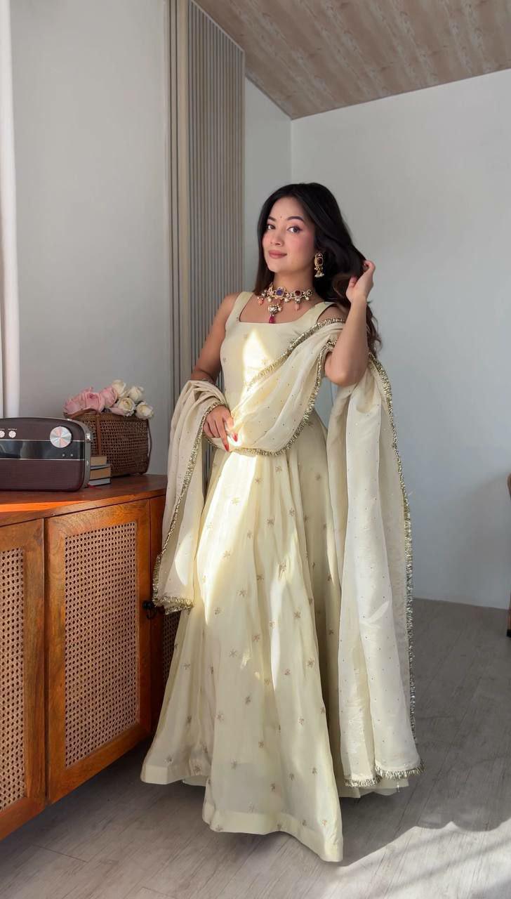 Cosmos Gold Anarkali Suit Set, Embroidered Flared Kurta with Pants, Indian Ethnic Outfit