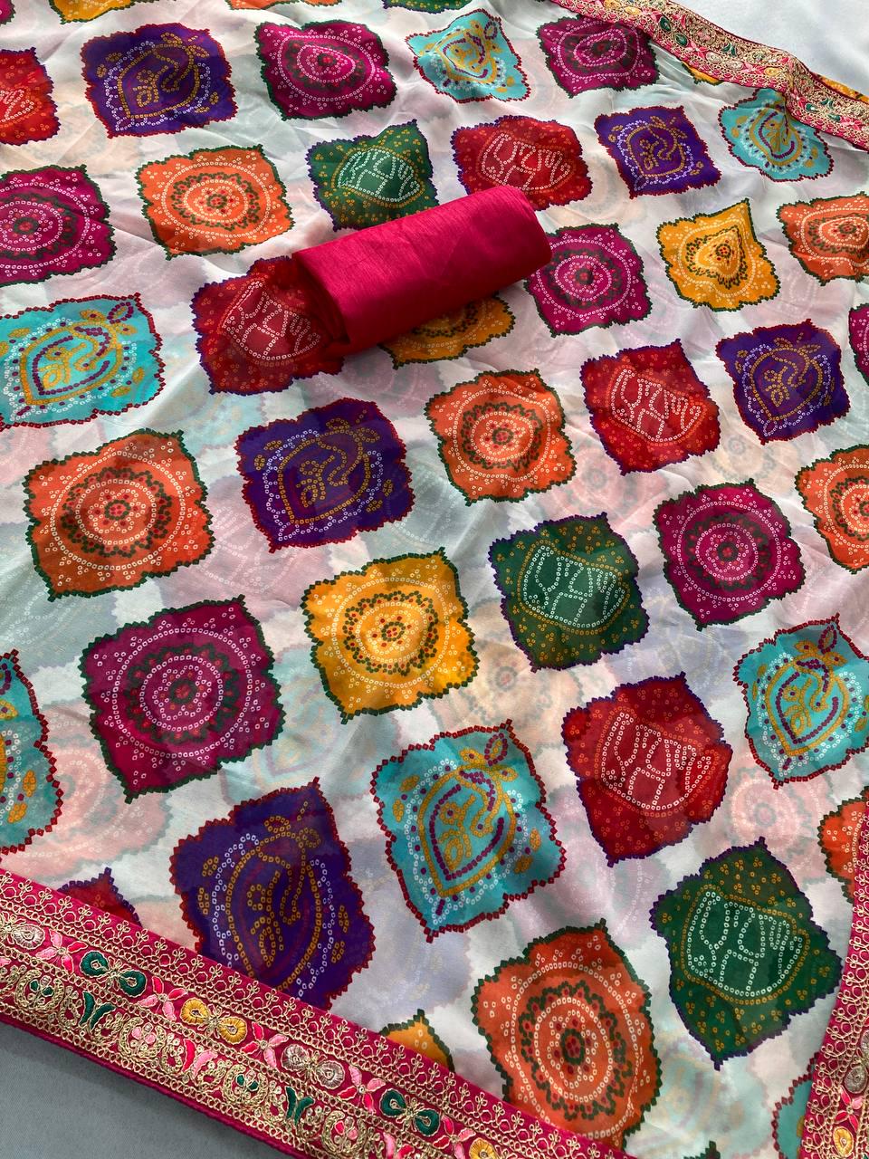 Rajwadi Bandhej Print Georgette Saree | Heavy Embroidered Lace Border, Silk Blouse Piece