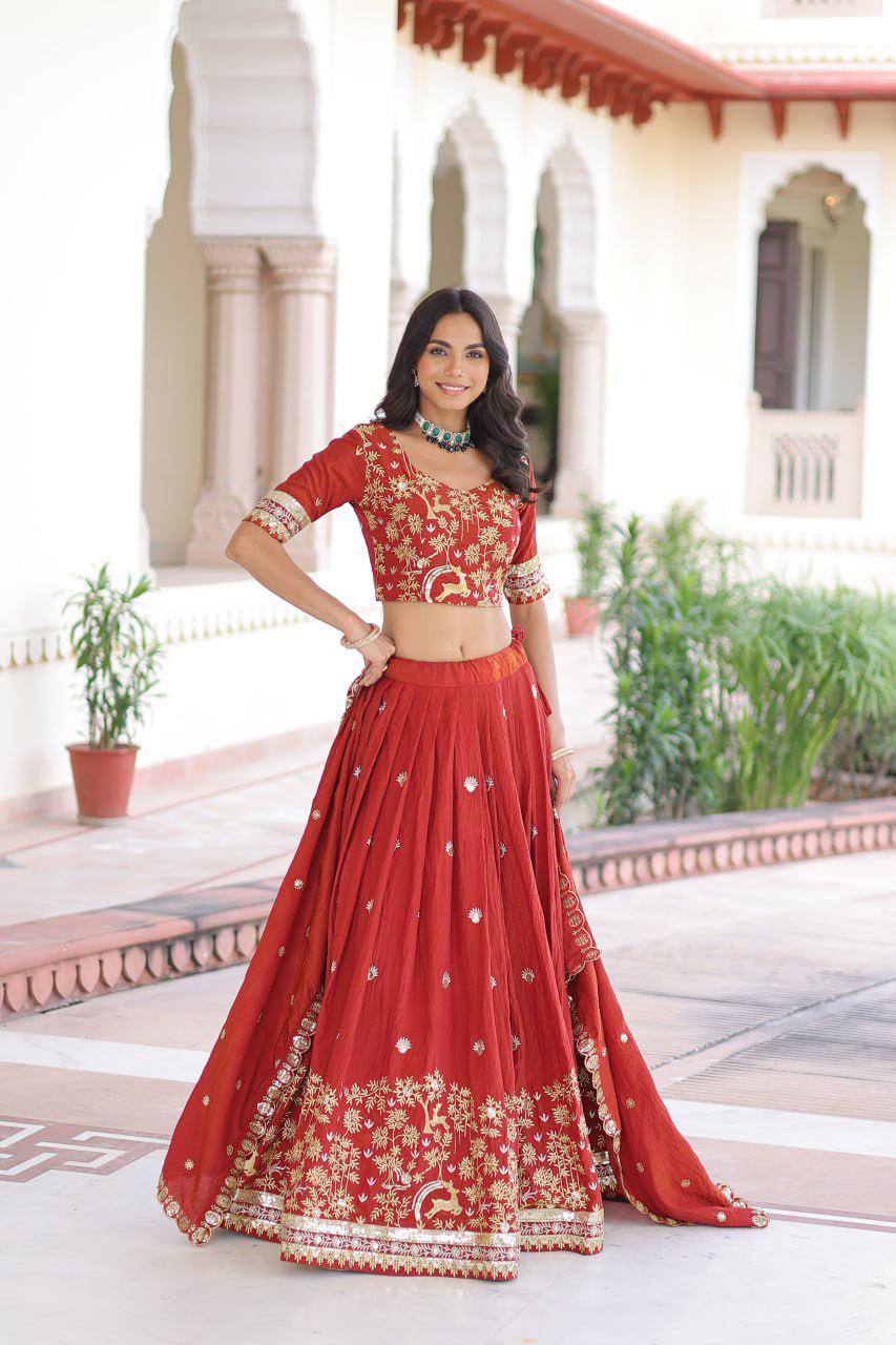 Vichitra Silk Lehenga Choli, Sequins Thread Embroidery, 4 Meter Flare Wedding Set