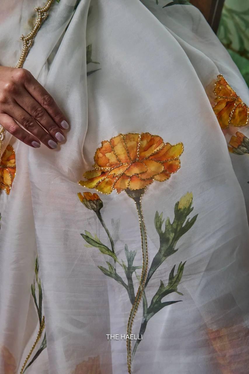 Soft Tabby Floral Sparrow Print Lehenga Choli | Handwork Cutdana Indian Wedding Wear