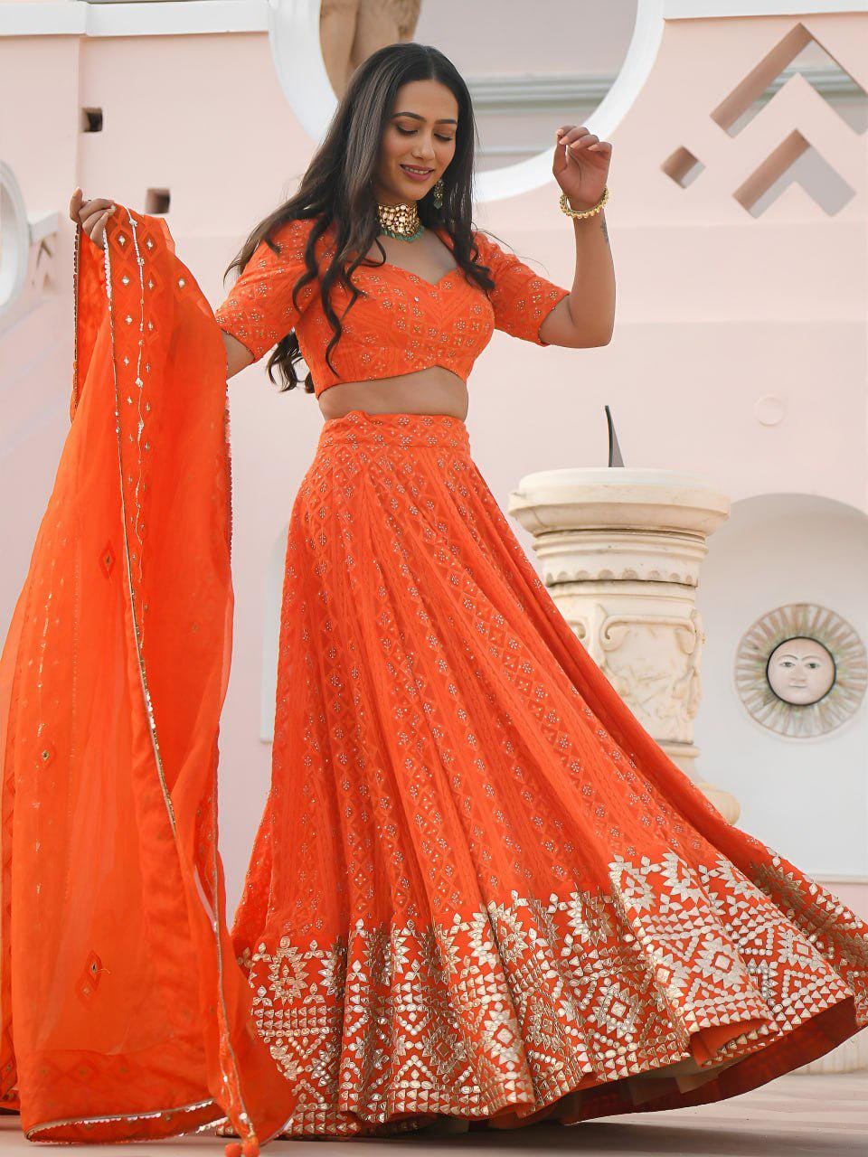 Orange Georgette Lehenga Choli Set | Embroidered Gottapatti, Sequins | Semi-Stitched Outfit, Organza Dupatta